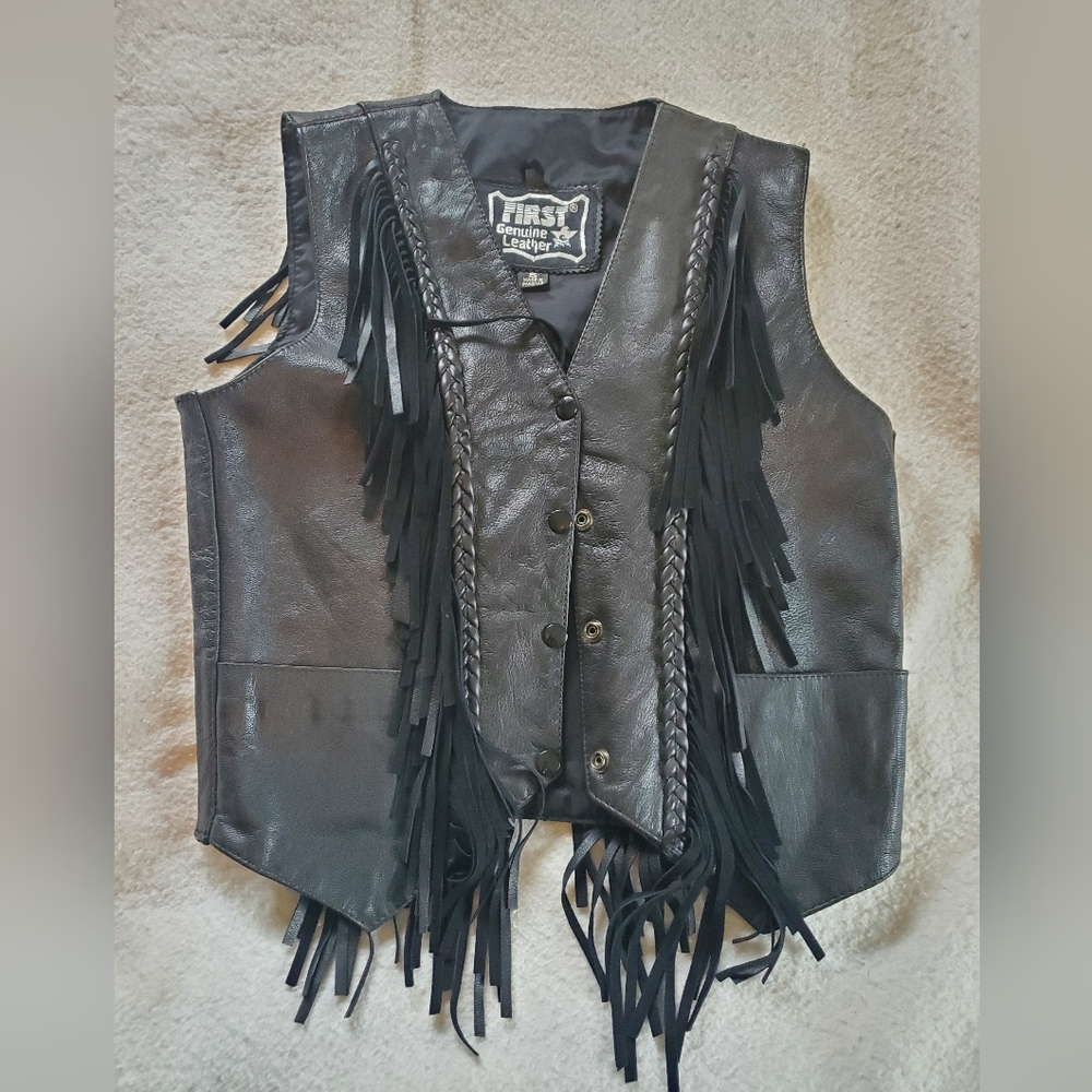 First Fringed Leather Motorcyle Vest, Sz S